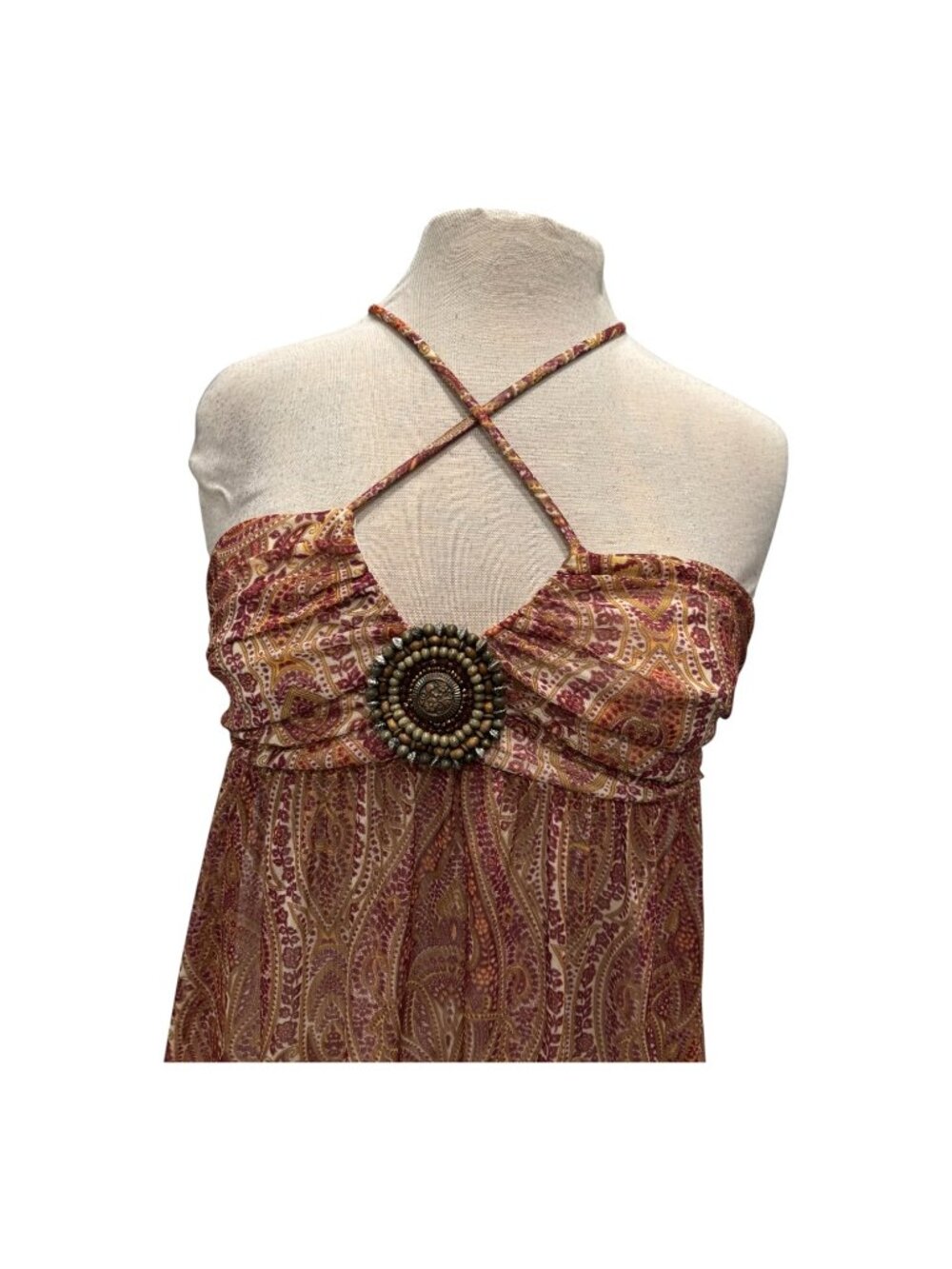 Jodi Kristopher Paisley Halter Mini Dress Womens Small Boho Beaded Y2K - Picture 3 of 8